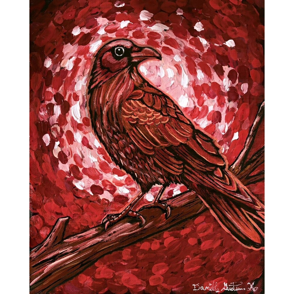 Original 8x10 Crimson Watch Crow Acrylic Painting Wildlife Bird Art Signed